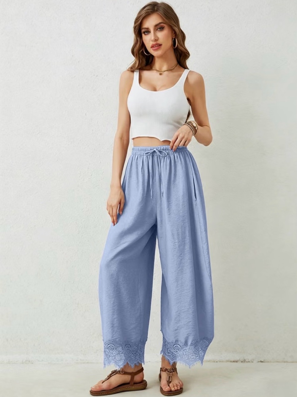 Women’s Vintage Style Blue Lace Trim Bloomers Wide Leg Pants Y2K